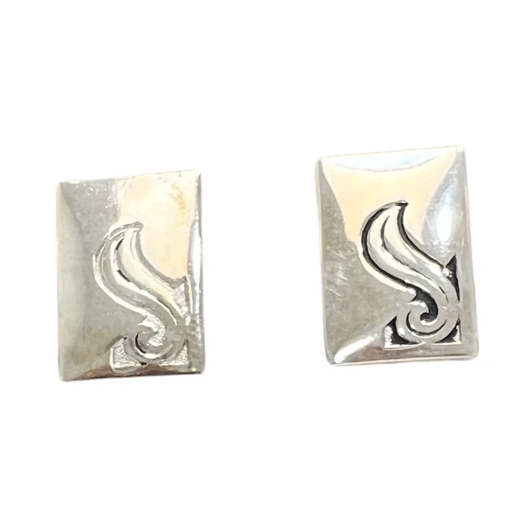 VINTAGE CUFFLINKS & MATCHING TIE CLIP SET - SILVER TONE WITH BLACKENED SWIRL